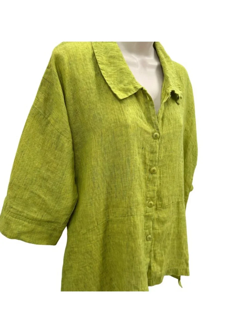 NWOT Flax Womens Green Button-Up 100% Linen Collared 3/4 Sleeve Tunic Shirt S